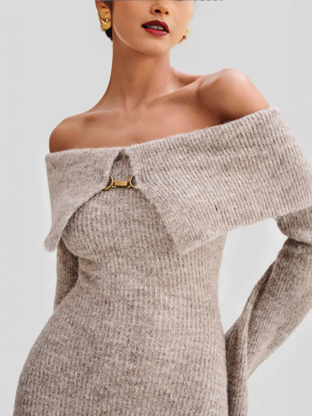 ZARA Elegant Off Shoulder Turn Down Collar Knit Maxi Dress
